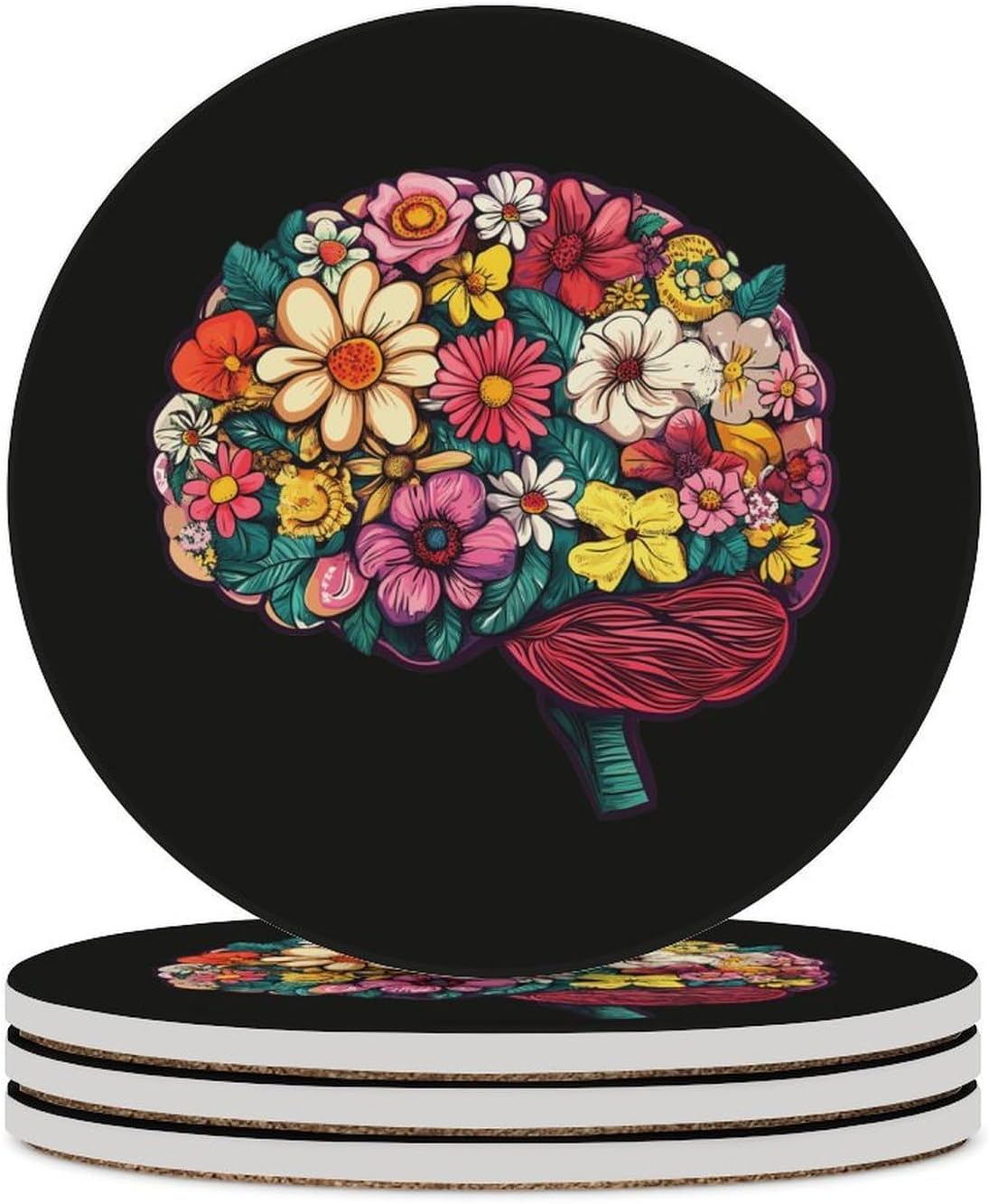 Human Anatomy Brain Colorful Brain Coasters for Drink Round Ceramic Coaster with Cork Base Home Decorative 6PCS