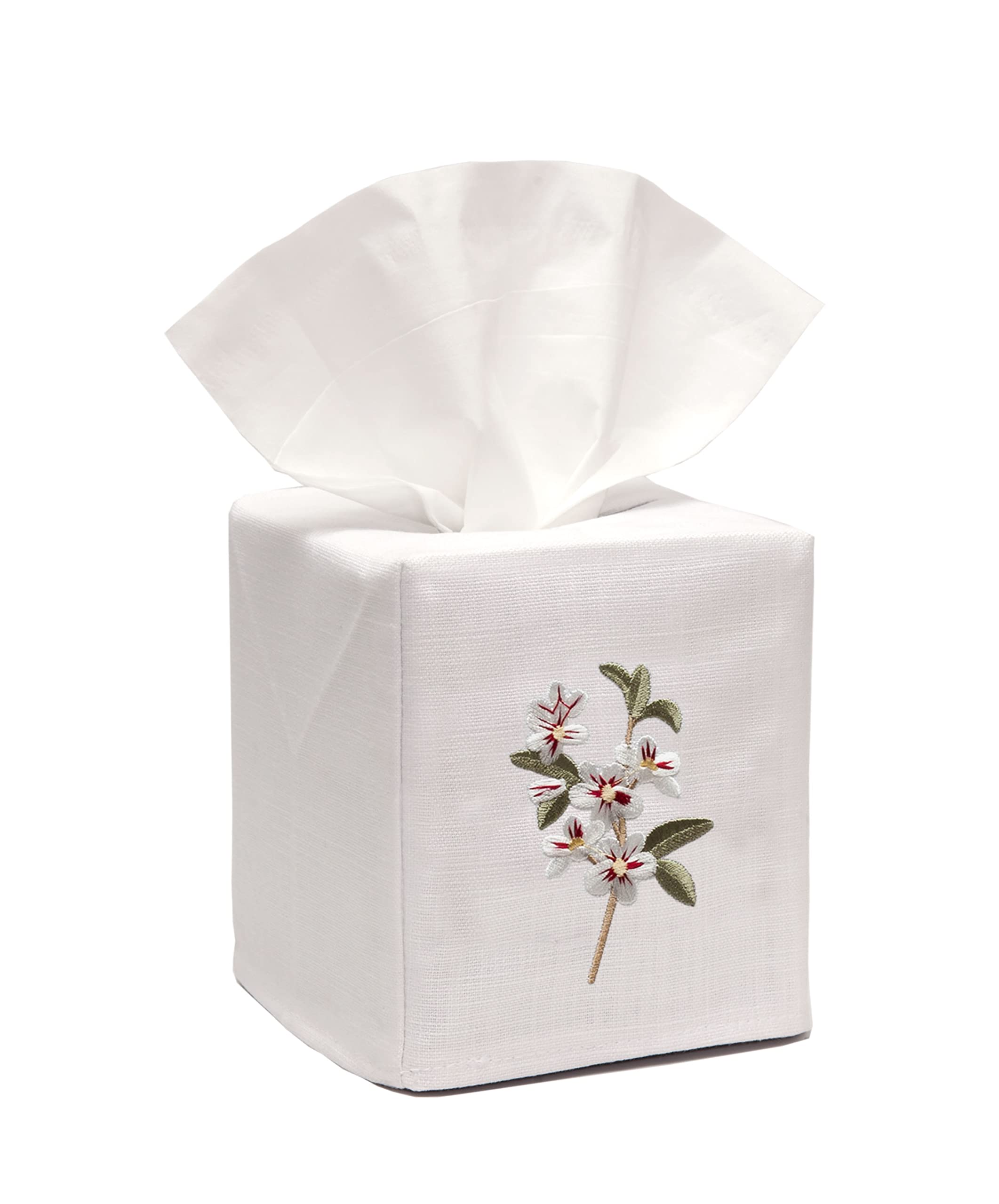 Jacaranda LivingSquare Tissue Box Cover, Linen/Cotton Fabric Tissue Holder, Decorative Cloth Tissue Cube Cover, Botanical Design Apple Blossom, White