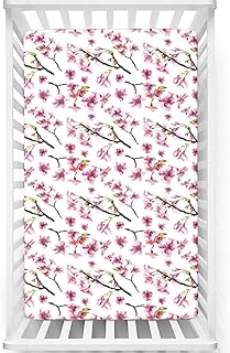 Cherry Blossom Themed Fitted Mini Crib Sheets,Soft & Stretchy Fitted Crib Sheet - Great for Boy or Girl Room or Nursery,Green Brown Hot Pink,38â€œ x24â€œ