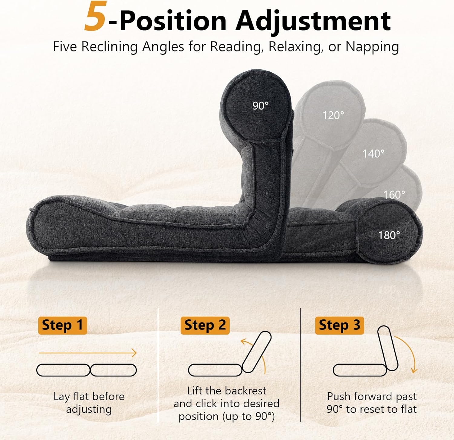 Human Dog Bed Floor Lounger Chair Adjustable Lazy Sofa - Foam Filled Bean Bag Chaise, 5 Position Recliner Gaming Chair, Foldable Meditation Couch for Adults (Dark Gray, 83'' Length, Seaweed Fleece)