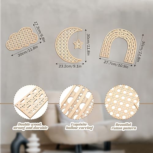 Miniatura 2 de Geetery Decoración bohemia de madera con arco iris, decoración de luna, decoración de nube, decoración de pared de habitación de bebé, decoración de