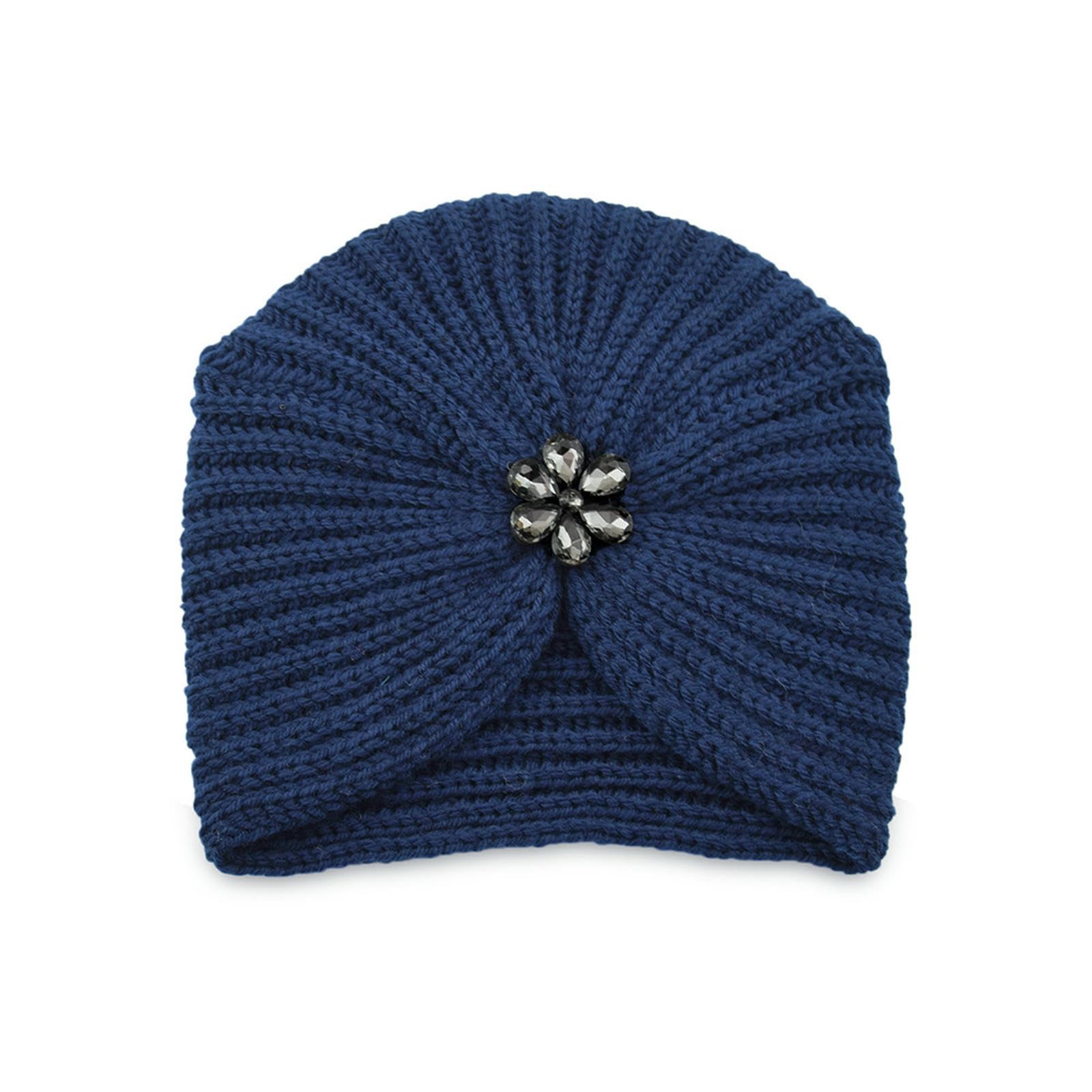 Bonnet tricoté élégant avec fleurs diamant en bleu foncé extensible pour femmes