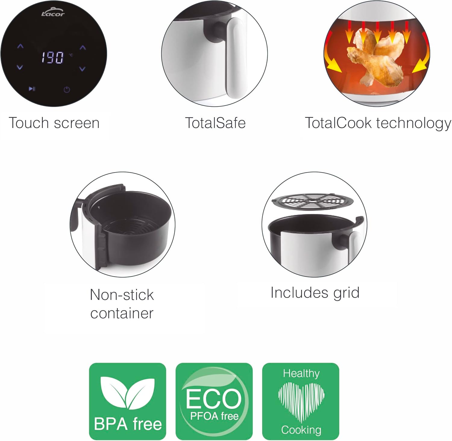 Lacor - 69509 - Friggitrice senza olio Vitalcook, Friggitrice ad aria con tecnologia TotalCook, Friggitrice ad aria con ricettario in 3 lingue, display digitale, 1000 W, Capacità 3 L Lacor - 69509 - Friggitrice senza olio Vitalcook, Friggitrice ad aria con tecnologia TotalCook, Friggitrice ad aria con ricettario in 3 lingue, display digitale, 1000 W, Capacità 3 L