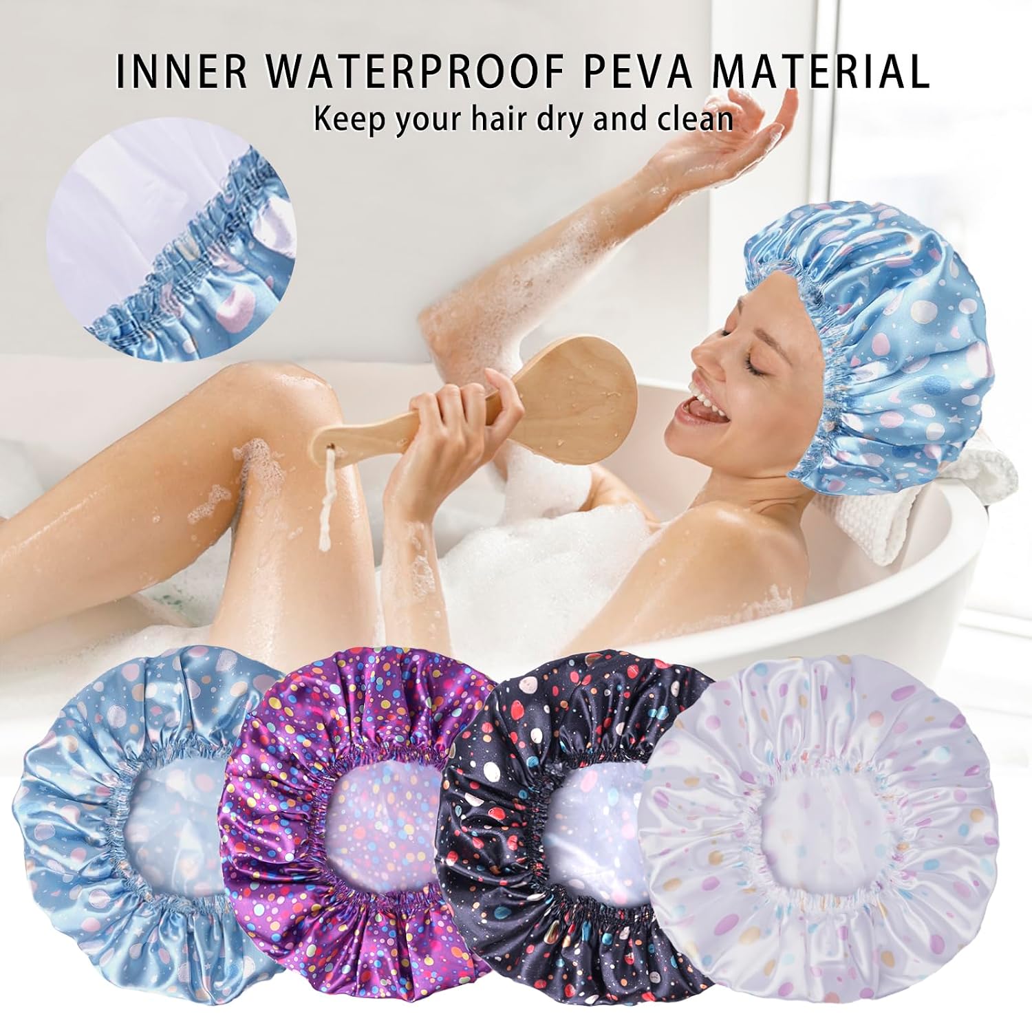 Shower Caps for Women, 4 PCS Reusable Waterproof Bath Cap image 3