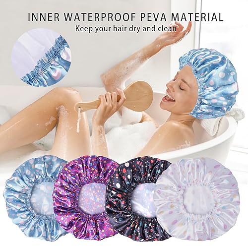 Vista 27 de Gorros de ducha para mujer, 4 gorras de baño elásticas y reutilizables, doble capa impermeable, gorras de ducha de baño, sombrero de baño