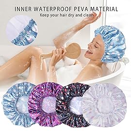 Shower Caps for Women, 4 PCS Elastic and Reusable Bath Caps, Double Layers Shower Cap Reusable Waterproof, Bathing Shower Caps, Environmental Bath Hair Protection Cap - Polka Dots