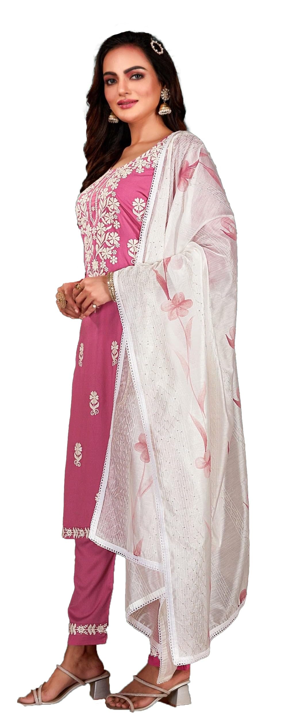 ladyline Womens Rayon Chikankari Salwar Kameez Lucknowi Embroidered with Silk Dupatta