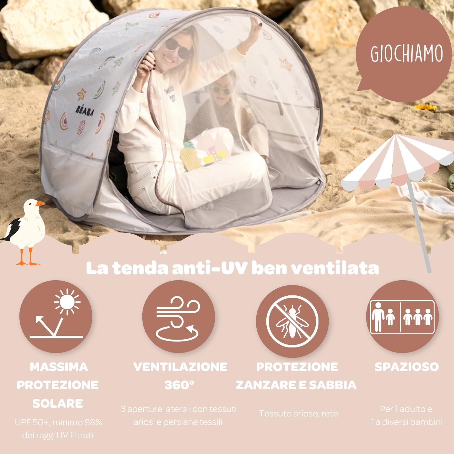 BÉABA, Tenda Da Spiaggia Per Bambini, Tenda Anti UV UPF50+, Filtraggio Raggi UV, Ventilazione 360°, Zanzariera, Spaziosa, Sistema Pop-Up, Borsa Da Trasporto, Breezy, Clay Earth
