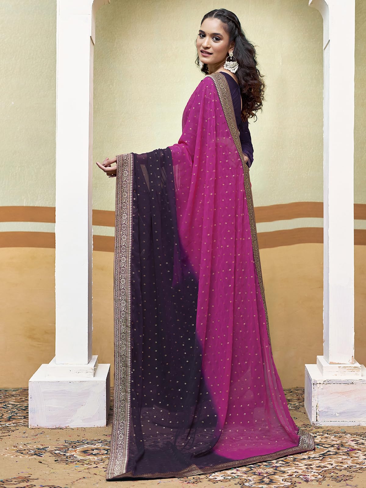 Satrani Women's Georgette Padding Foil Printed Lace Work Saree With Unstitched Blouse Piece (3694S144N_Pink & Wine)