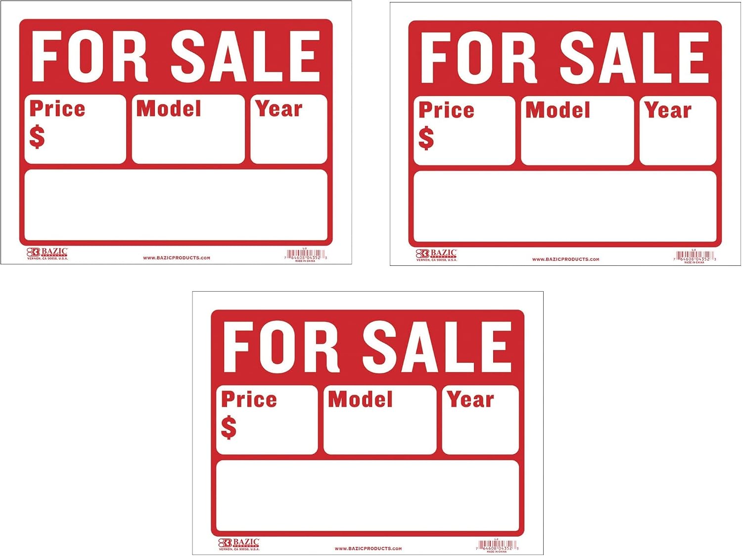 BAZIC 9" X 12" For Sale Sign for Car and Auto Sales (2-Line), S-2, Sold as 3 Pack