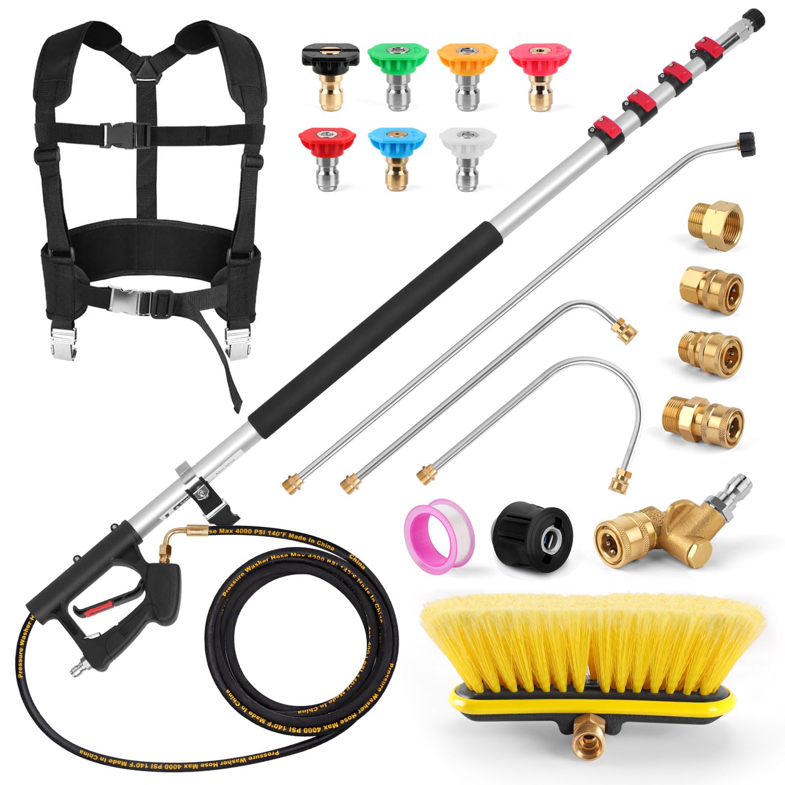 24FT Telescoping Pressure Washer Wand,roof Cleaning Equipment, Gutter Cleaning Tools with Washer Extension Pole Attachment, Metal Support Belt, Brush Head, 5 Adapters, 7 Spray Nozzles