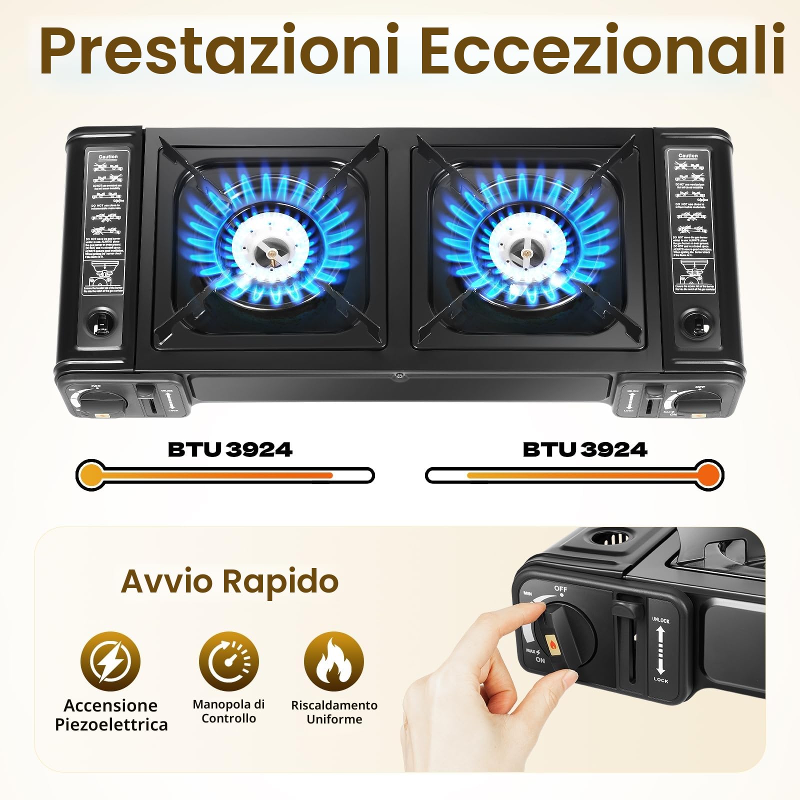 Fornello a gas da campeggio a 2 fuochi, fornello da campeggio con accensione piezoelettrica e serratura di sicurezza, fornello a doppio gas con ciotola e valigetta per barbecue all'aperto