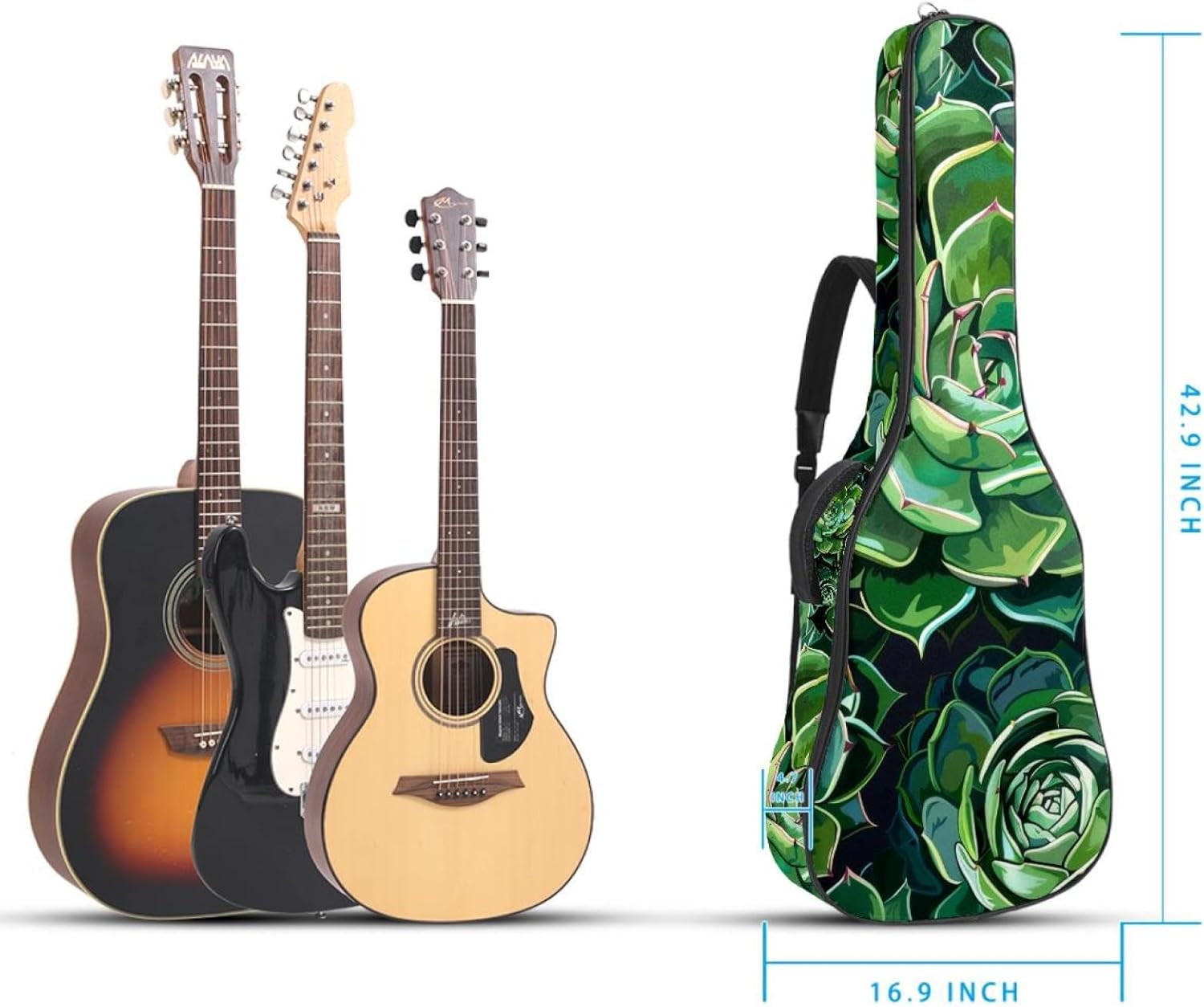 Acoustic Guitar Gig Bag 1 cm Thick Padding, Waterproof Electric Guitar Bag 40-42 Inch Guitar Case Backpack with Dual Shoulder Strap, Green Succulent Cactus Seamless Pattern