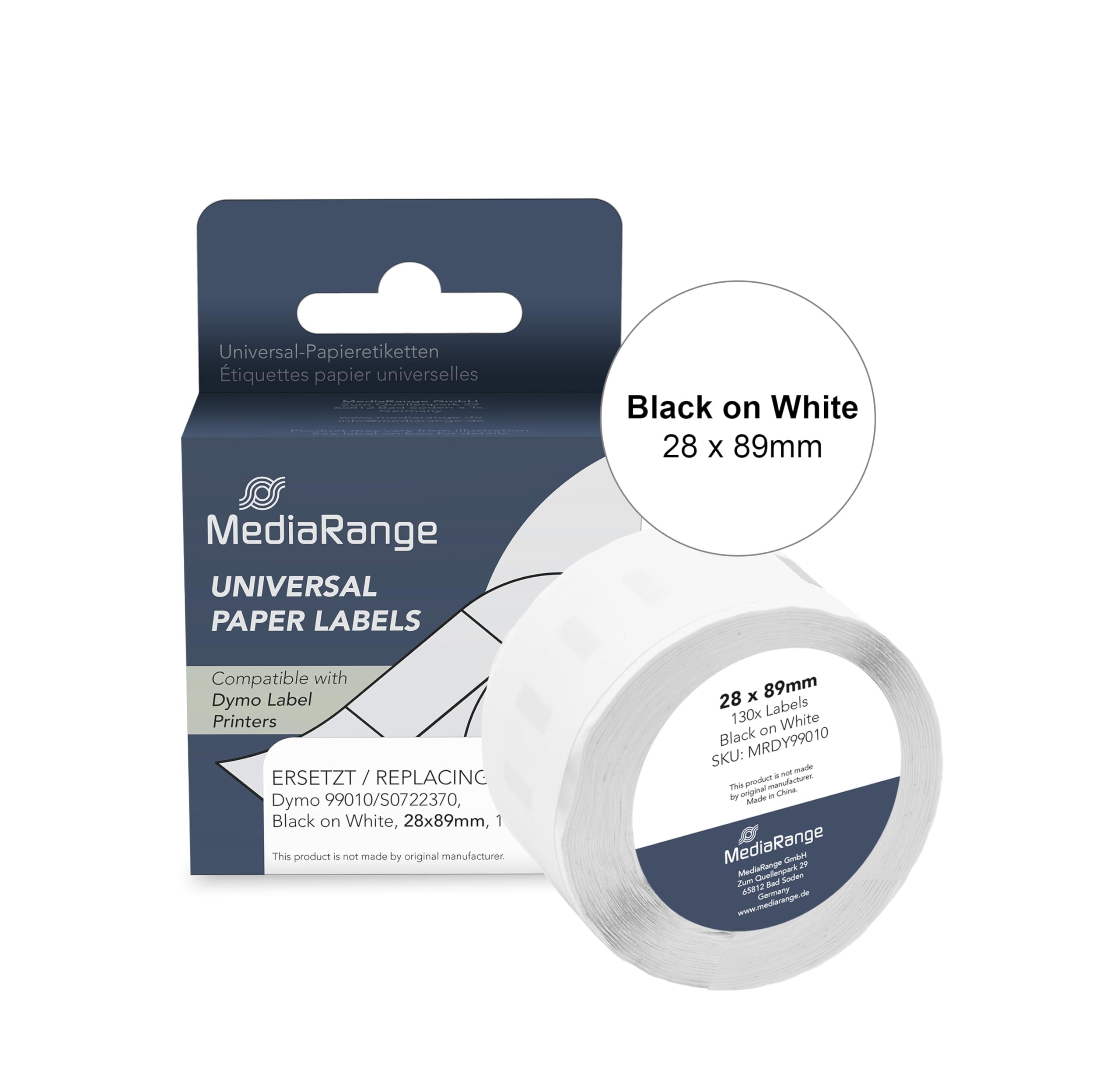 MediaRange Universal Paper Labels for/Replaces Dymo 99010 / S0722370 Permanent Adhesive 28 x 89 mm Pack of 130 Black on White