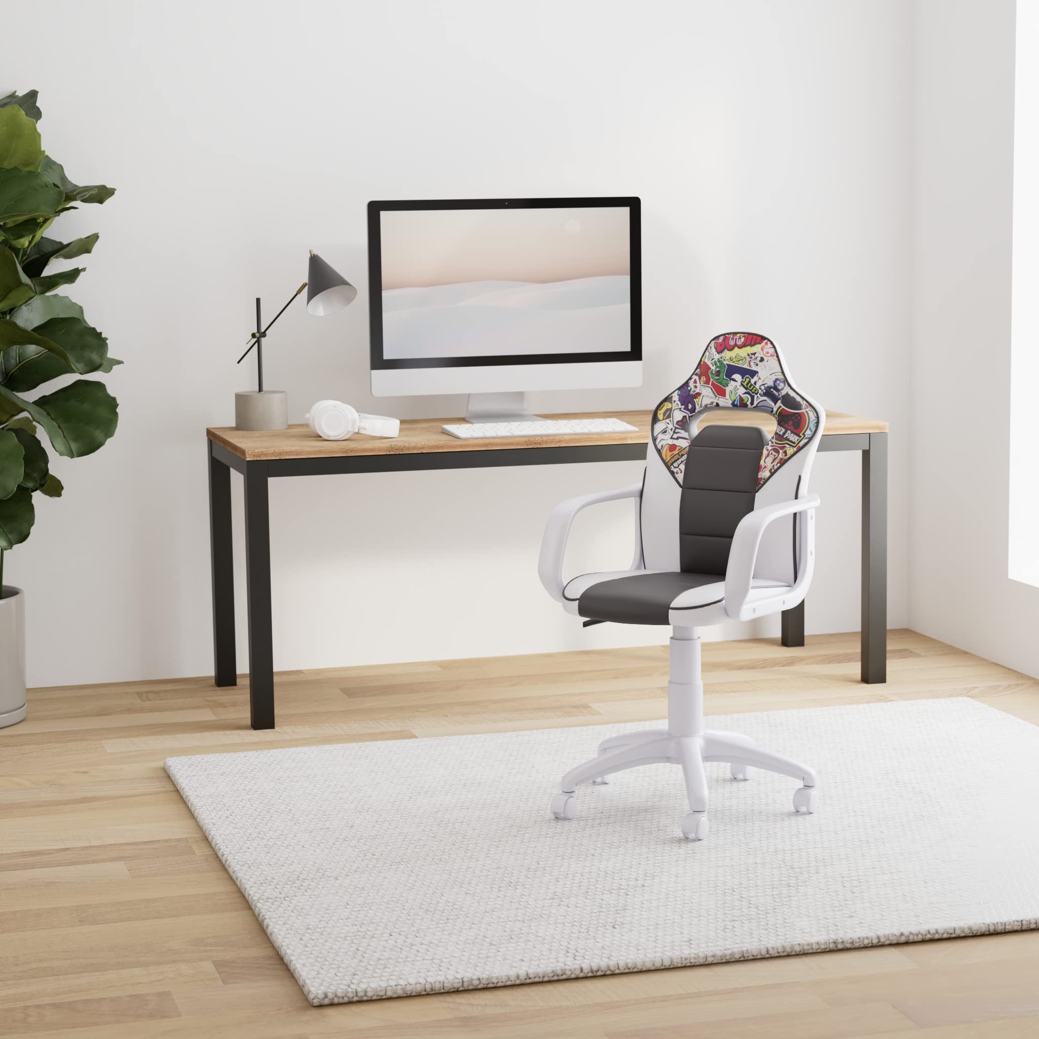 duehome | DRW Sticker, Silla Gamer, Silla de Oficina Gaming Estudio o Escritorio, Acabado en Símil Piel Blanco, Gris y Sticker, Medidas: 46,5 cm (Ancho) x 46 cm (Largo) x 98-109,5 cm (Alto)