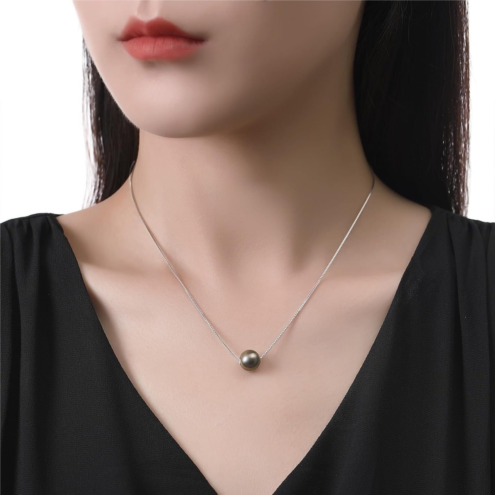 Perlenkette Perlen Kette Halskette Mit Schwarzen Tahiti-Perlen For Damen, Anhänger Mit Schwarzen Zuchtperlen Perlenschmuck