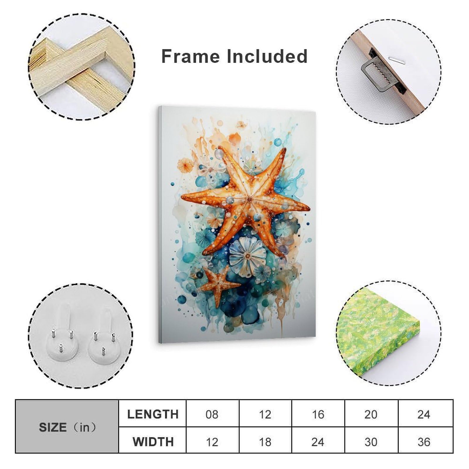 SYGALLERIER Handgemaltes Leinwandbild 'Blaugrüner Seestern Mit Goldfolie' – 40,6x40,6 Cm, Für Küstendeko
