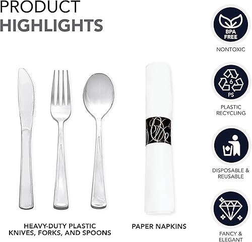 Miniatura 5 de Party Essentials Party Supplies - Juego de cubiertos envueltos desechables, servilletas y cubiertos preenrollados, cucharas, tenedores, cuchillos