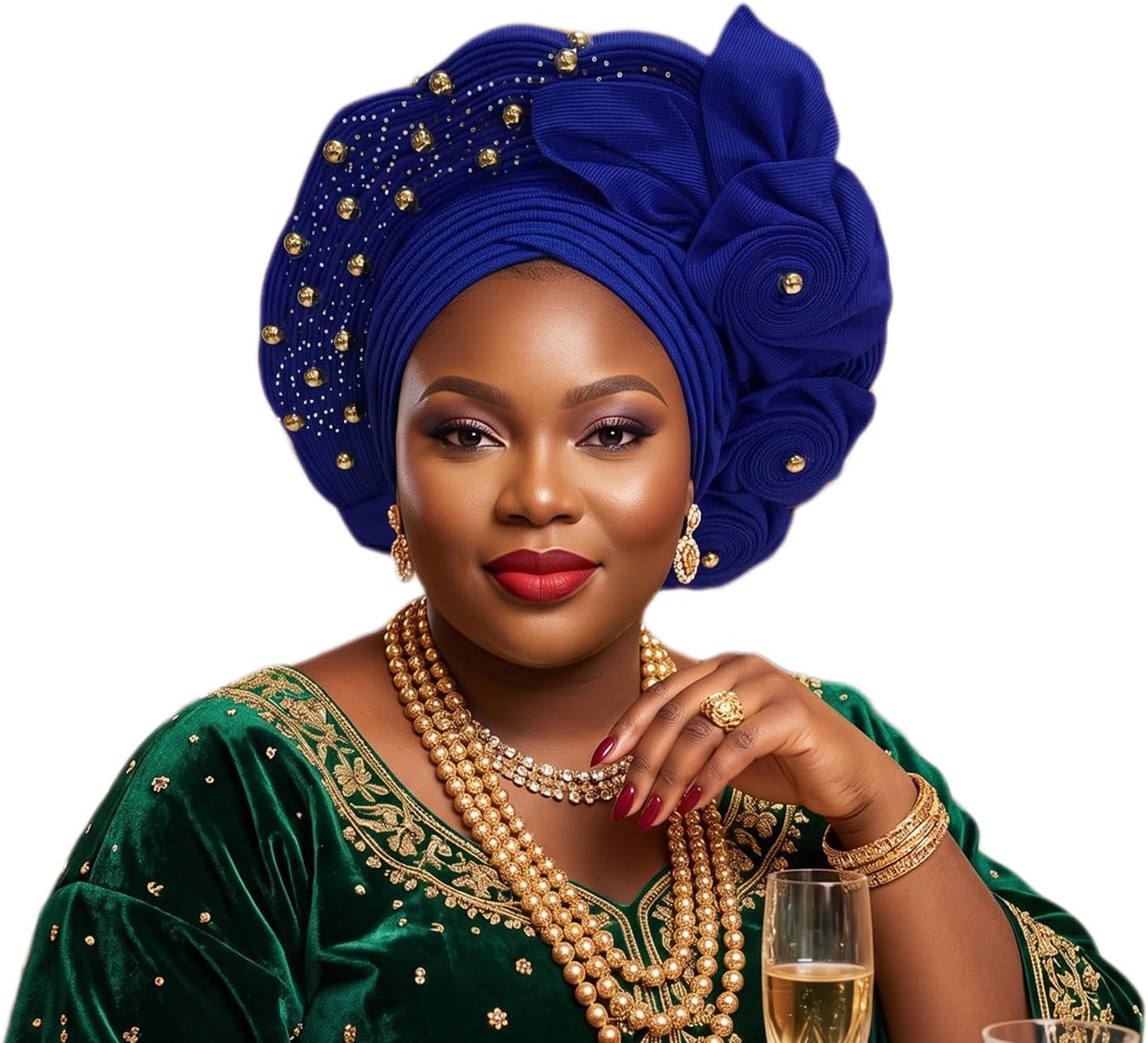 African Auto Gele Head Wrap for Women, Nigerian Turban with Rhinestones and Beads, for Weddings and Parties