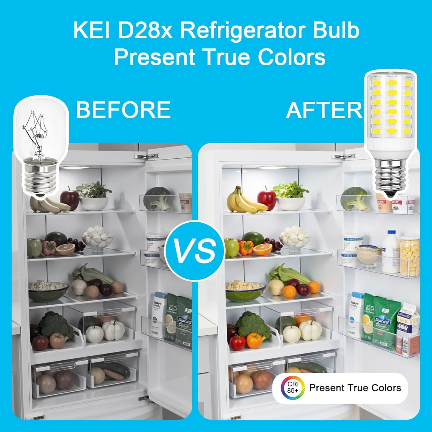 Kei D28x Kel 2816x Refrigerator Bulb Kei D28m Kel 2815 Bulb Replacement Fit for Frigidaire Kenmore Electrolux Freezer Light 5304517886 E17 Led 6W 100-265V Daylight White 5000k，Pack of 2