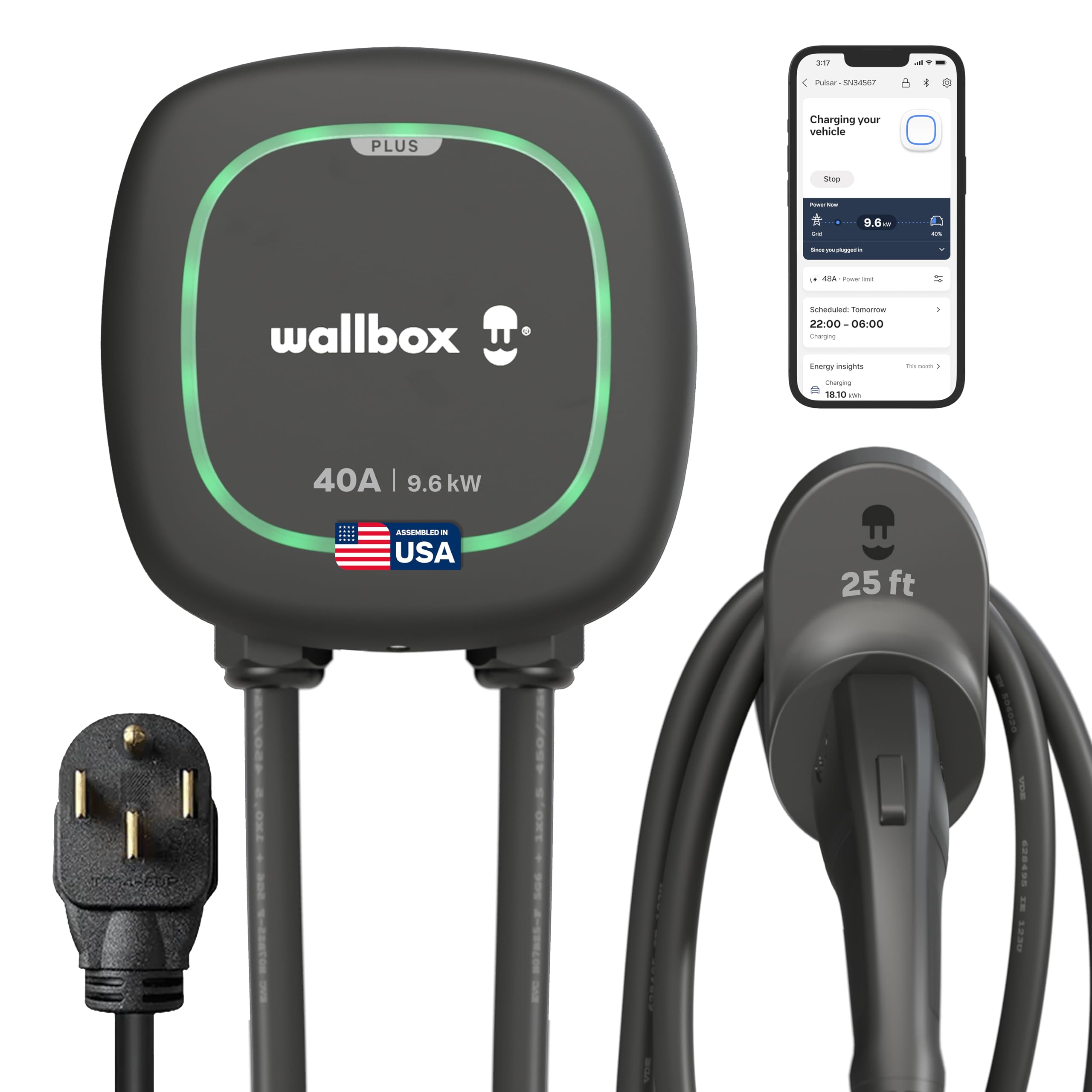 Wallbox Pulsar Plus Level 2 Electric Vehicle Smart Charger - 40 Amp, Ultra-Compact, WiFi, Bluetooth, Alexa/Google Home, UL Certified, 25ft Cable, Indoor/Outdoor EVSE, Assembled in USA