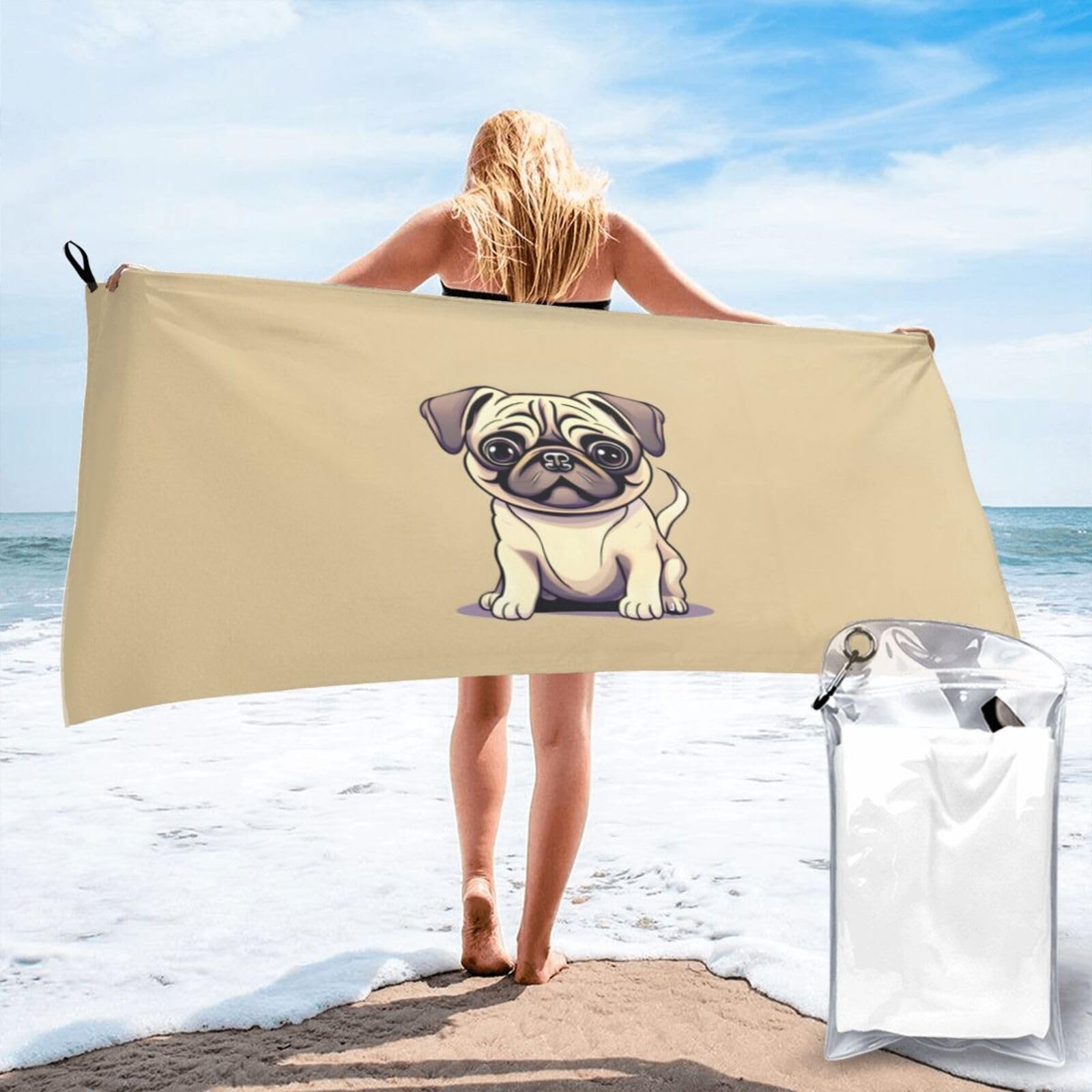 JBJGKHLP Funny Cartoon Pug Puppy Dogs Print Quick Dry Portable Towel For Beach Camping Hiking Yoga Fitness Outdoor Adventures
