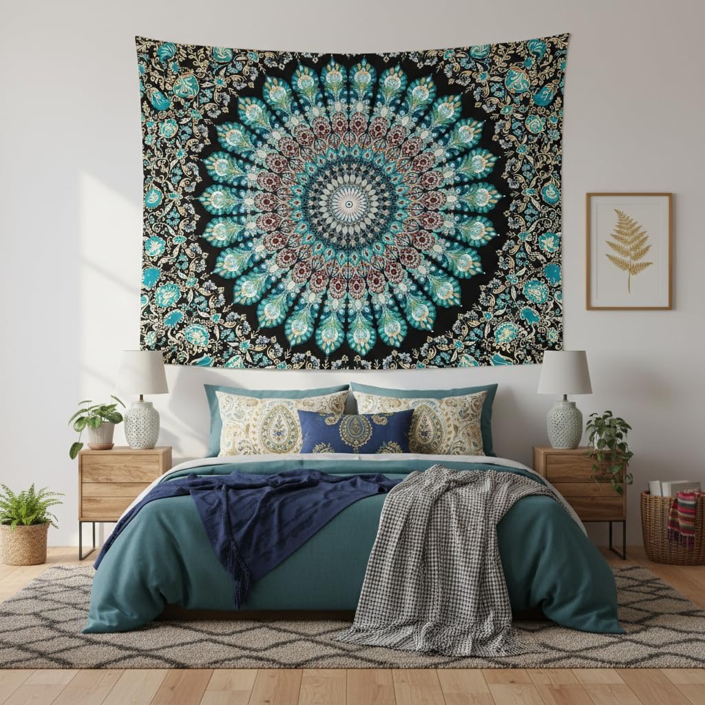 Accnicc Hippie Mandala Tapestry Wall Hanging Boho Teal Medallion Tapestry Aesthetic Vintage Bohemian Indian Floral Cool Large Tapestries for Bedroom Living Room Dorm Decor 80 x 60 Inch image 3