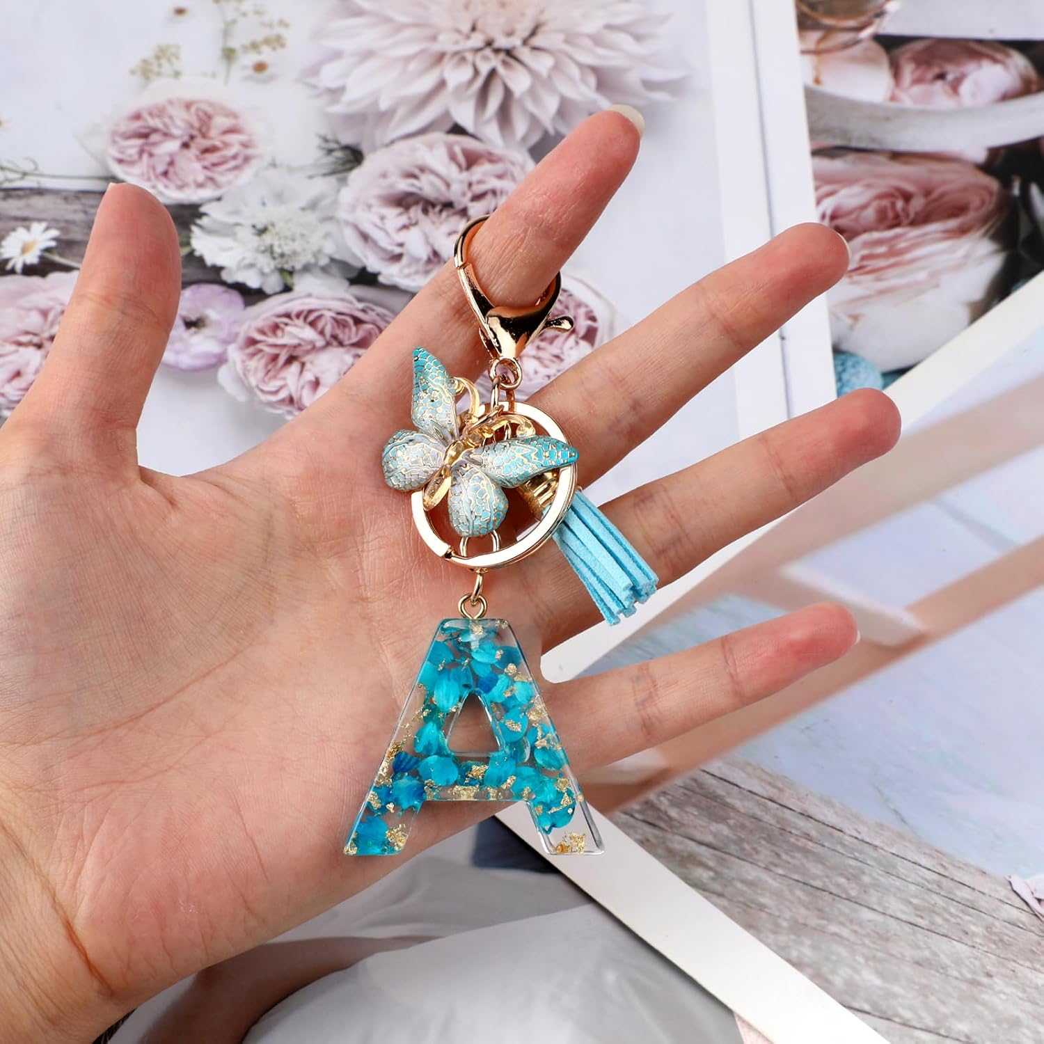 Letter Keyring with Butterfly Tassels, Cute Initial Flower Keychain Pendant, Name Alphabet Resin Car Keychain Personalised Handbag Charms Accessories Crafts Bag Decoration Gift for Women(A,Blue) - Image 7