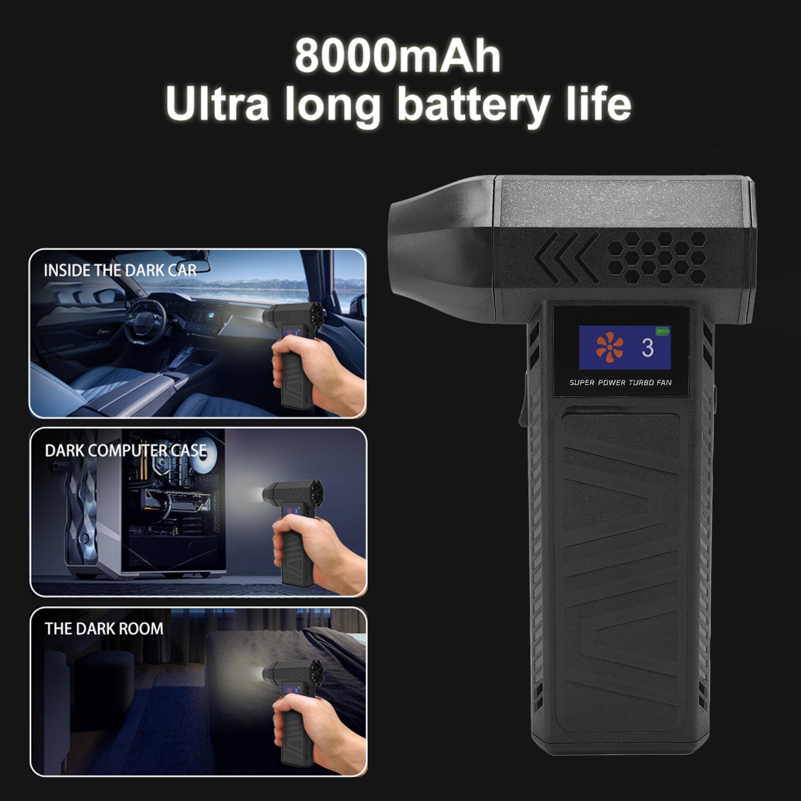 Naroote Spolverino Elettrico, 140.000 Giri/min, Soffiatore a Batteria Ricaricabile Regolabile a 3 velocità con Ugello per Aspirazione con Luce Display, per la Pulizia della Tastiera del