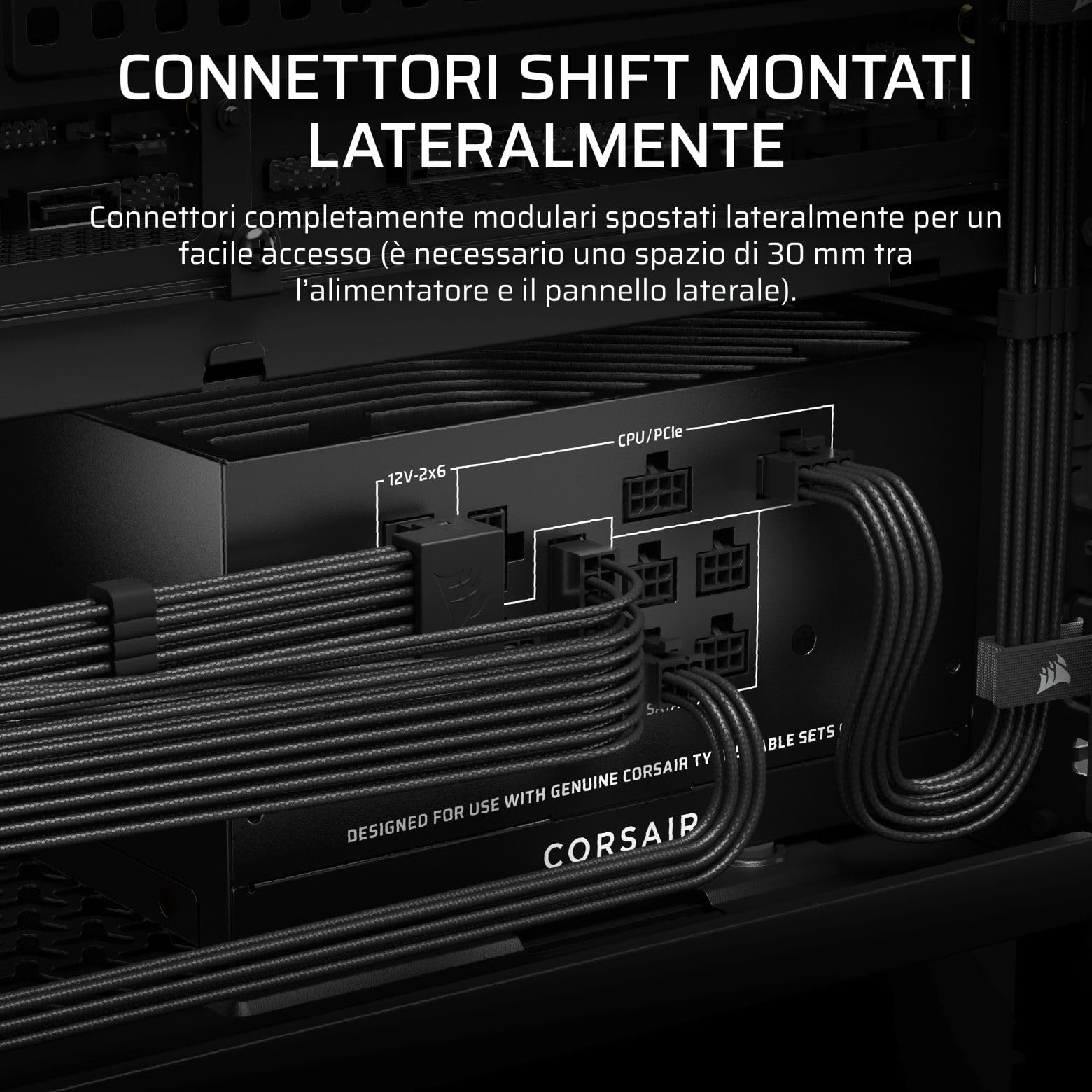 CORSAIR RM850x SHIFT (2025) Alimentatore ATX Completamente Modulare - Interfaccia Laterale Modulare, Cavo Nativo 12V-2x6, ATX 3.1 e PCIe 5.1, Condensatori a 105°C, Cybenetics Gold - Nero