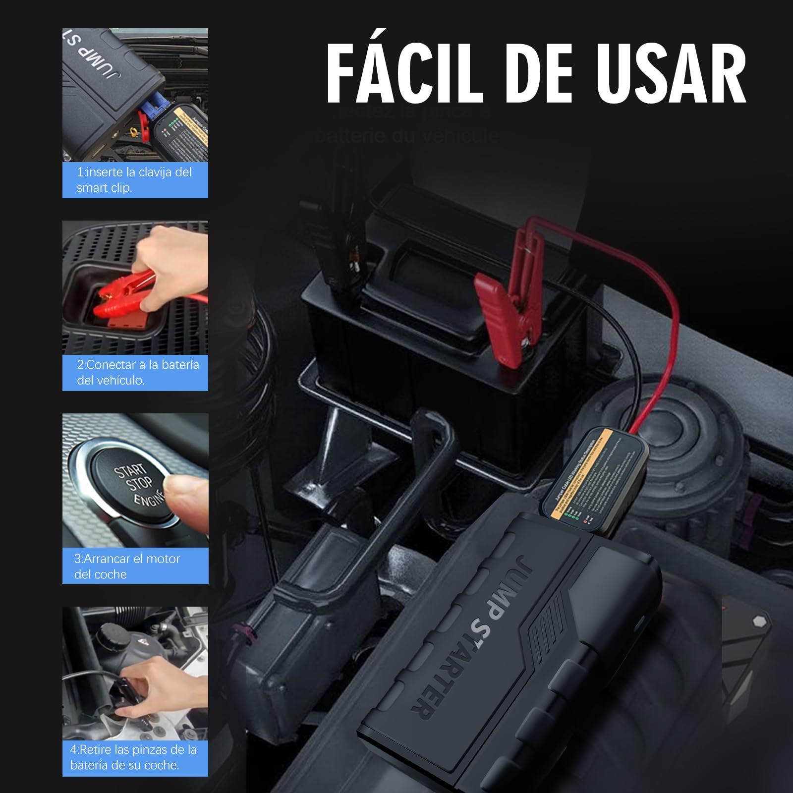 Arrancador de Baterias de Coche,1500 A Arrancador de Coches Portatil para Motor 7.0 L Gasolina o 5.5 L Diesel con Pinzas Bateria Coche, 12 V Booster con Carga rápida USB y Linterna LED de Emergencia