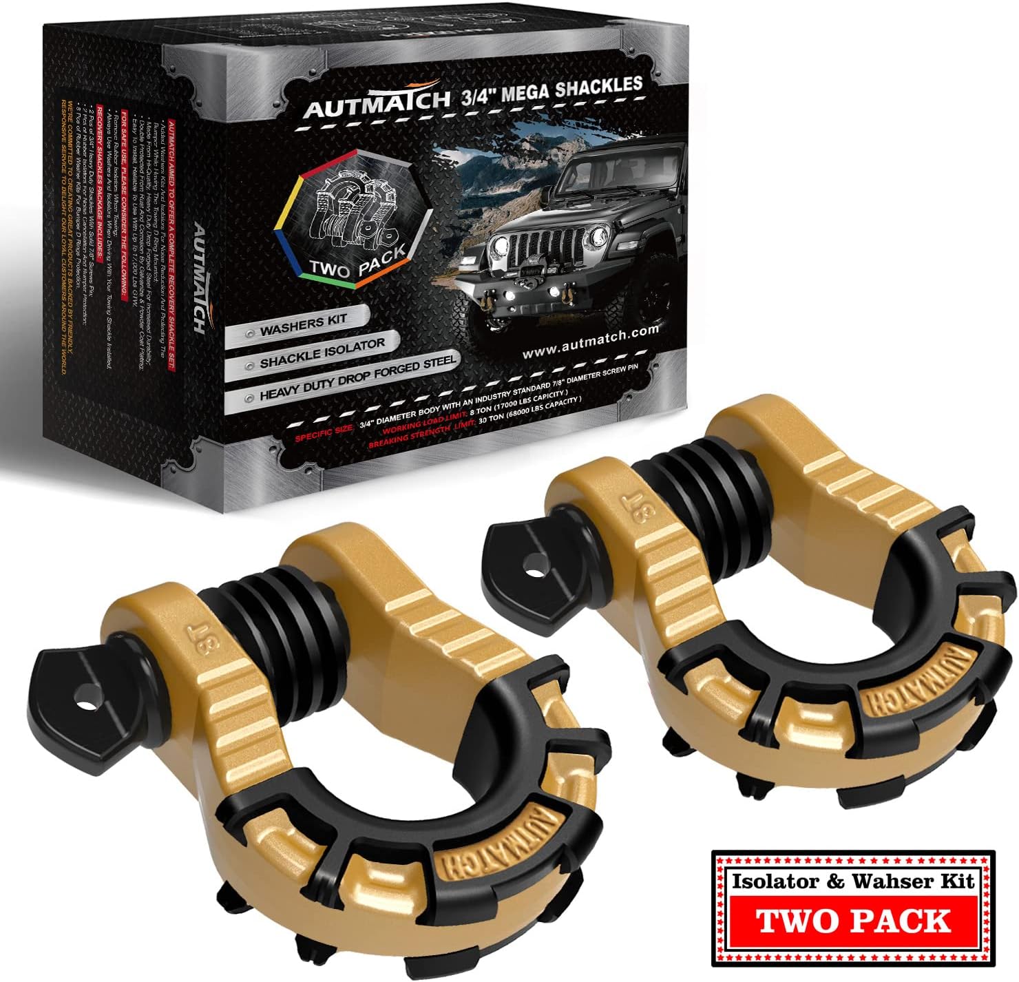 D Ring Shackles 3/4" Mega Shackle (2 Pack) 68,000Ibs Break Strength - Heavy Duty Clevis Shackles with 7/8" Screw Pin and Isolator Washer for Tow Strap Winch Off Road Vehicle Recovery, Gold