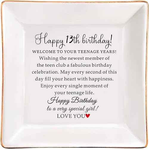 XJF Plato de Joyería de Cerámica para Cumpleaños 13, Regalos para Niñas de Mamá, Decoraciones Feliz 13, Regalos de 13 Años para Niños