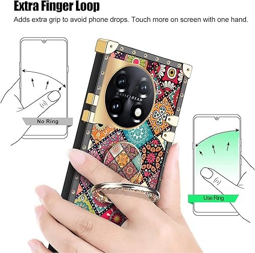 Miniatura 8 de nancheng Funda cuadrada para Oneplus 11 (6.7 pulgadas) con soporte de anillo, diseño retro de flores de mandala para niñas y mujeres, esquinas