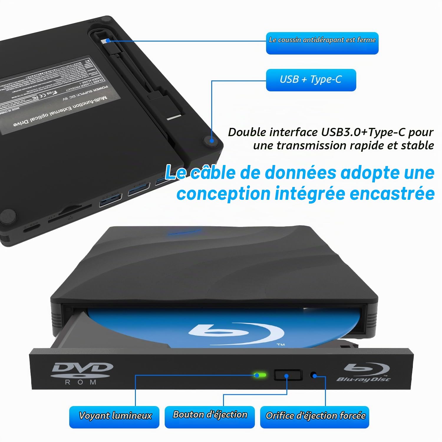 USB 3.0 Type-C Lecteur blu Ray 4k,Portable Externe Lecteur Blu Ray Externe7 en 1, Lecteur Blu-Ray Externe,3D CD DVD Graveur Optical Bluray Drive pour PC Windows 11 10 8 7