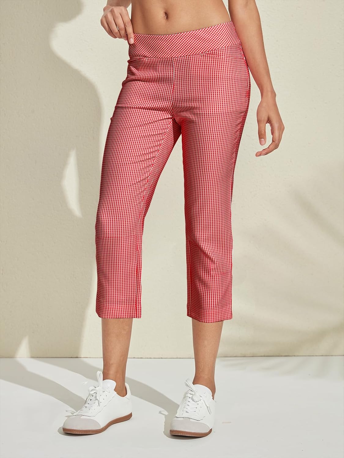 Womens Golf Plaid Pants Business Casual Checkered Capri Pant for Women Stretch Sweatpant with Pockets for Athletic Travel