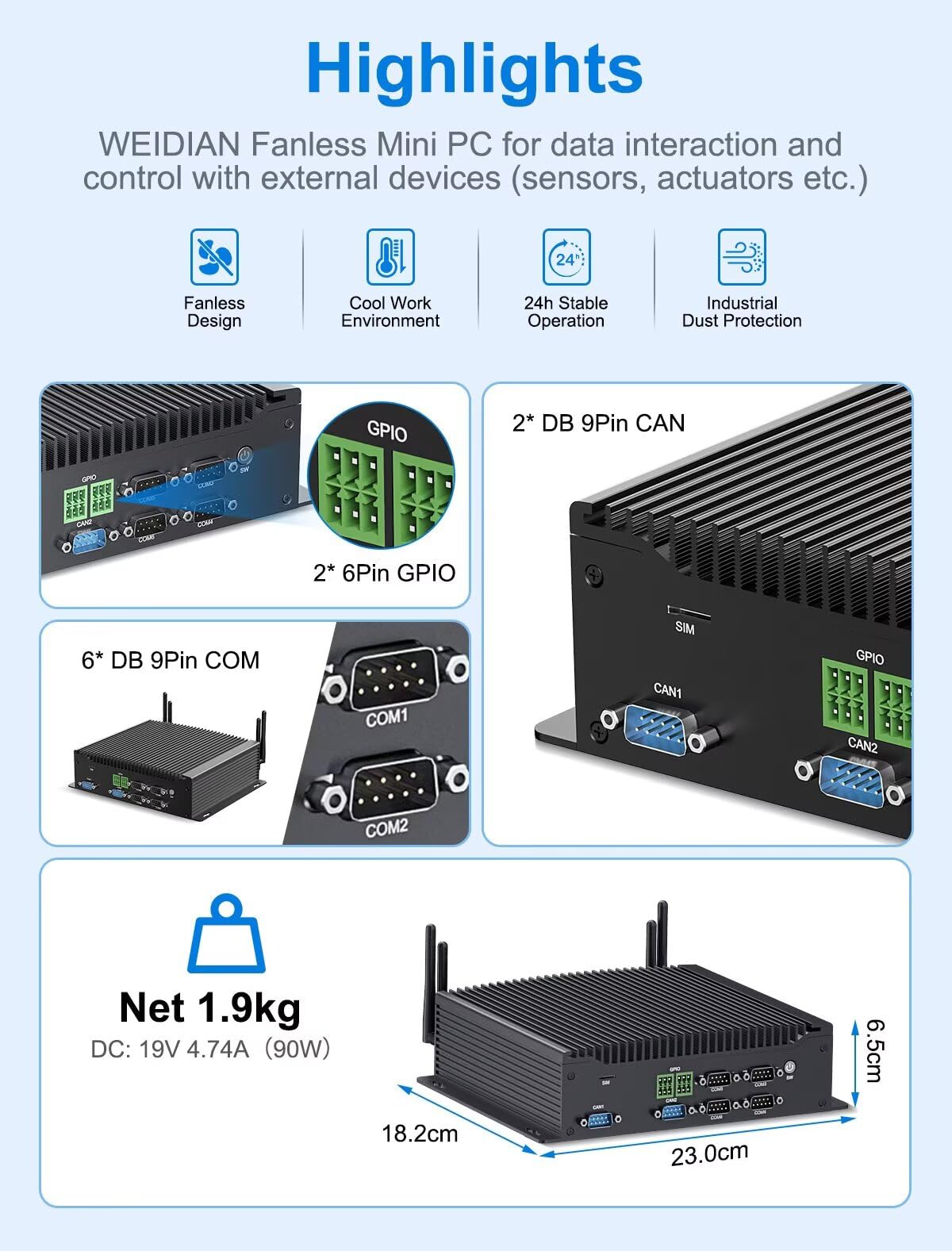 WEIDIAN Mini PC Industriel Win 11 Pro, Fanless PC sans Ventilateur i7-10510U 16Go RAM 256Go SSD, 2 Ports Can, 6 Ports COM RS232/422/485, GPIO, 4K, 3 écrans, 2 Ports LAN, 8 Ports USB, WiFi 6 BT5.2