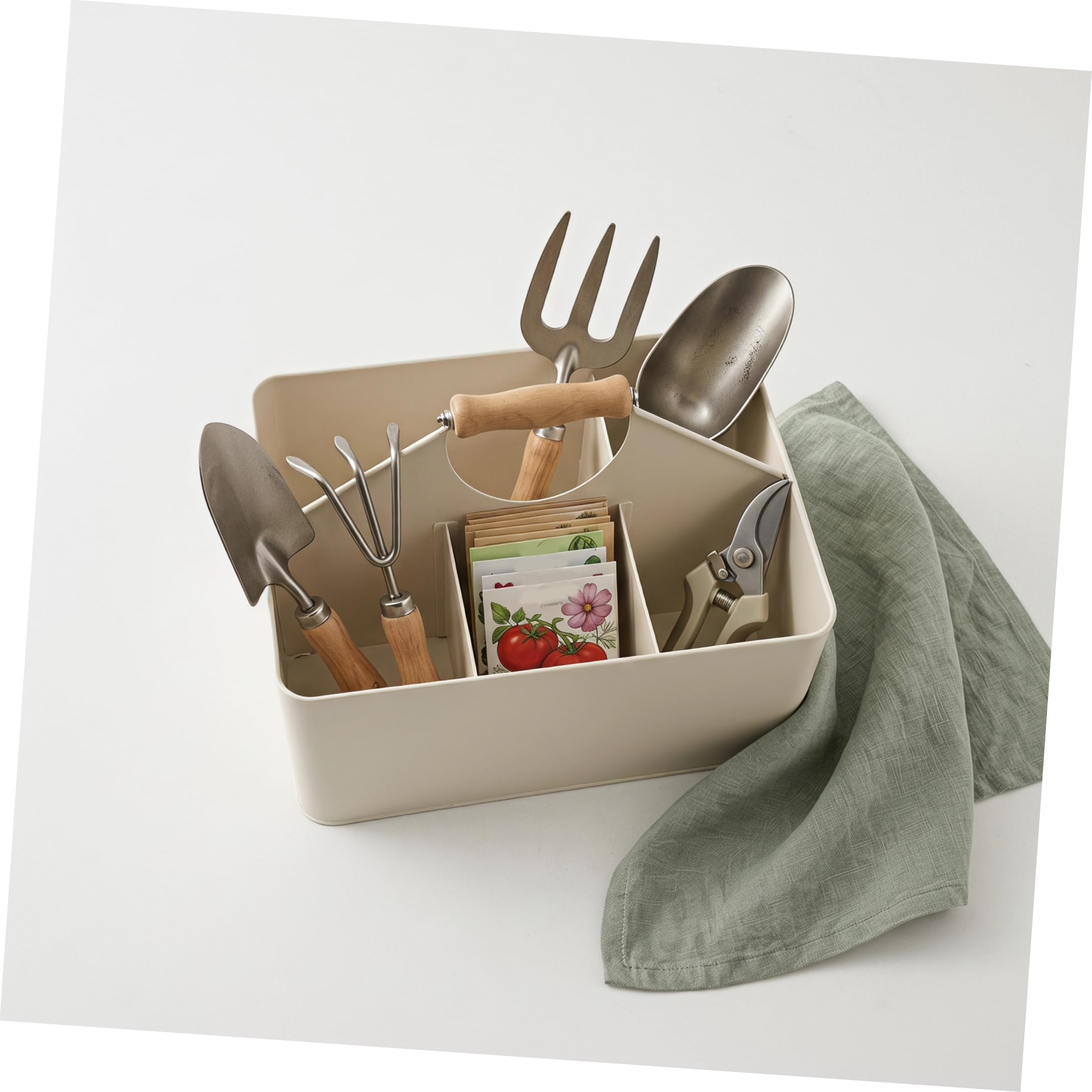 TOPBATHY Scatola Organizer per Semi da Giardino in Ferro con 4 Scomparti | Manico Integrato, Bianco, 29, 50x22, 60x20, 00cm, per Forniture e Utensili da Giardinaggio