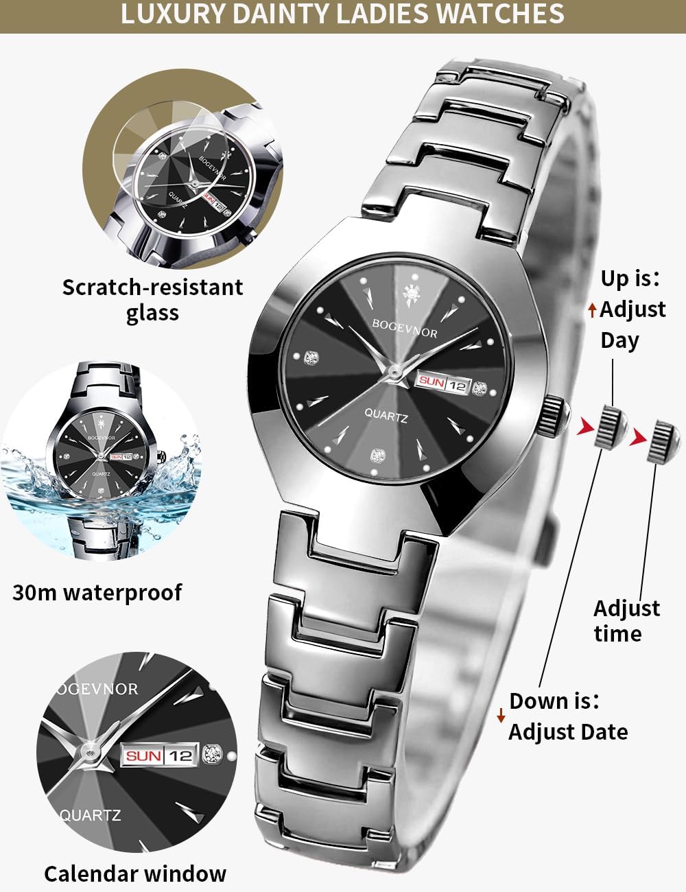 Minimalist Watches for Women Business Dainty Ladies Watches with Day and Date Luxury Stainless Steel Analog Quartz Wrist Watch for Women Waterproof Female Dress Watch