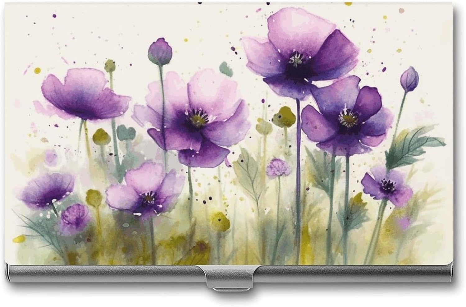 Watercolor Purple Flowers Business Card Holder for Men Women