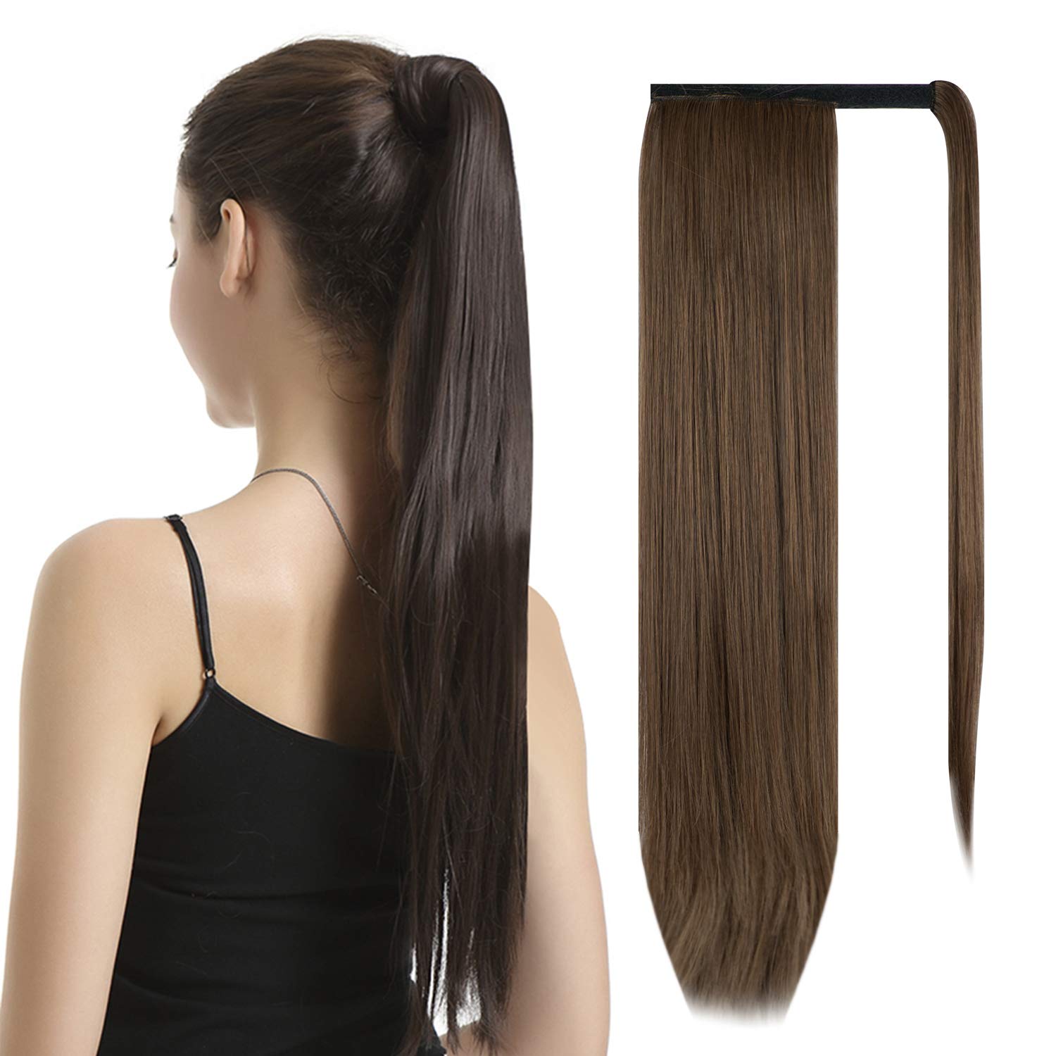 BARSDAR Straight Ponytail Extension – 26 Inch Long Straight Wrap Around Ponytail for Women Clip in Ponytail Hair Extensions Synthetic Brown Hair Pony Tails Hairpieces Daily – Golden Brown