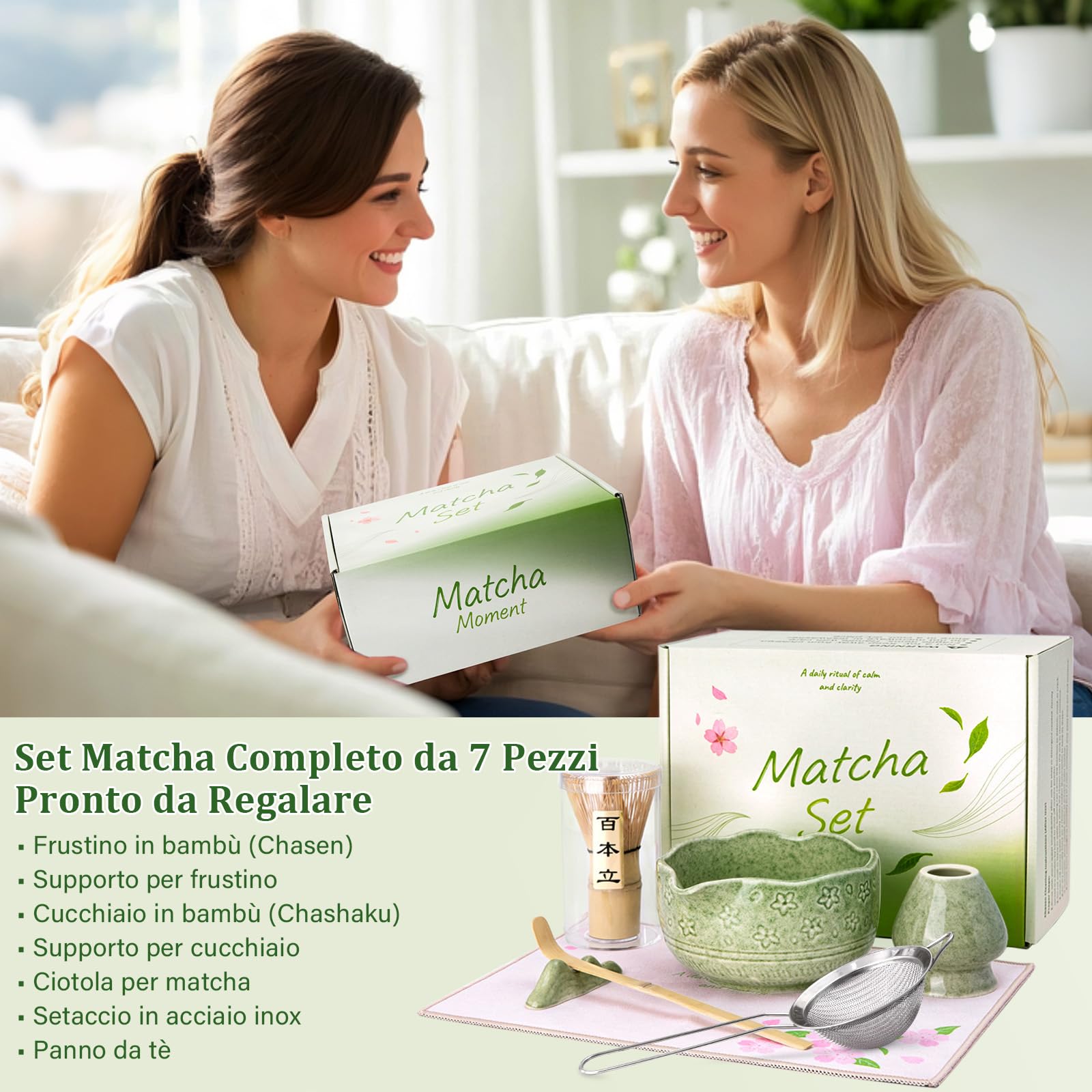ALBISS Matcha Kit Set da 7 Pezzi in Ceramica Cerimoniale – Ciotola da 530 ml con Beccuccio e Design Sakura, Frusta in Bambù con Supporto, Elegante Set da Tè Giapponese per Amanti del Matcha, Verde