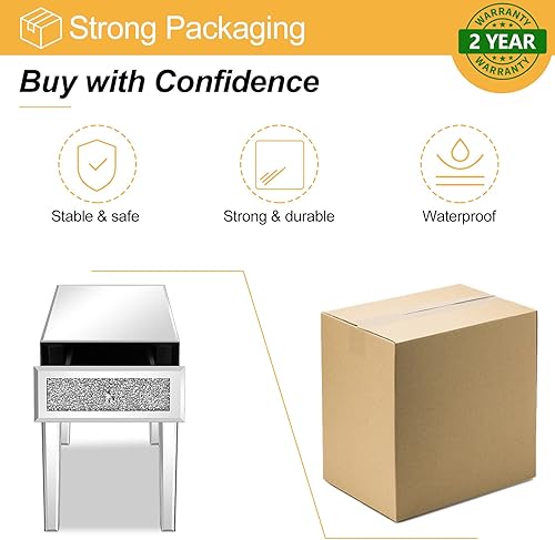 Miniatura 5 de VINGLI Mesa auxiliar estrecha con espejo, pequeña mesa auxiliar para sofá/sofá/cama con almacenamiento, mesita de noche de cristal delgada para