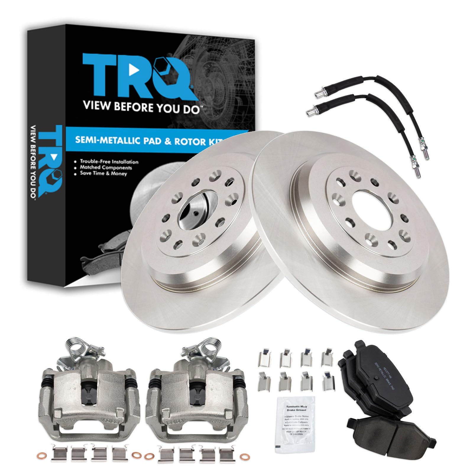 TRQ Rear Brake Pad and Rotor Set Semi Metallic Solid Rotors Calipers Compatible with 2015-2018 Ford Flex Lincoln MKT