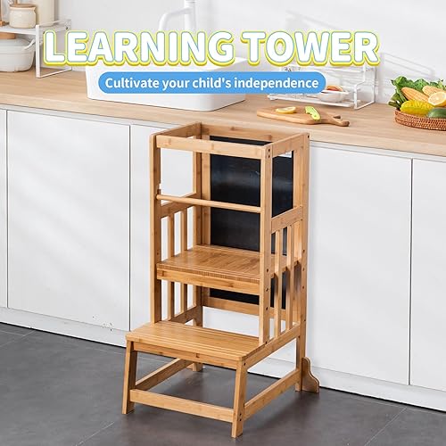 Miniatura 2 de UNICOO Taburete de bambú de altura ajustable para niños, torre de pie de cocina para niños, taburete de cocina estilo Montessori con tablero de arte
