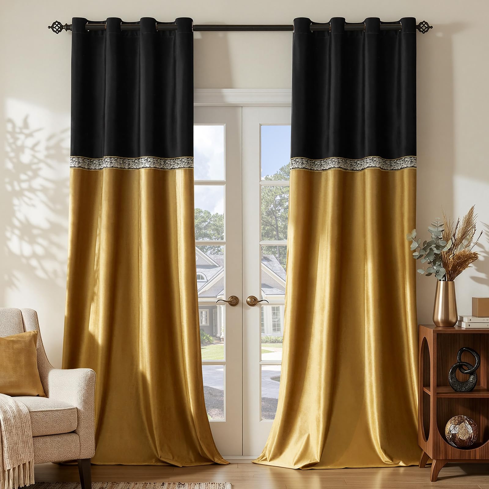 GIGIZAZA Black Gold Velvet Curtains: 2 Panels for Living Room 46 x 72 Inches Elegant Soft Eyelet Blackout Curtains - Bedroom Window Drapes Thermal Insulation Embroidered Curtains