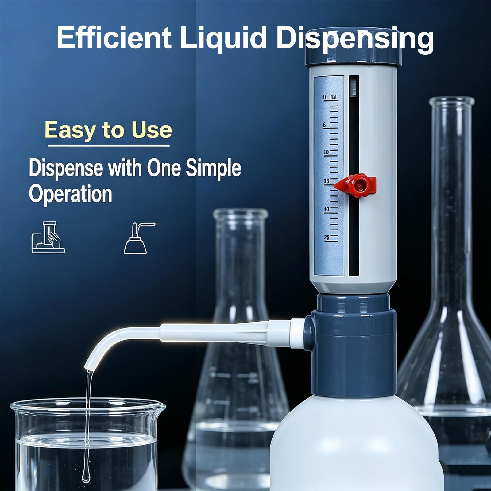 COYEUX Dispensador De Pipeta De Laboratorio Ajustable De 0 A 25 Ml, Dispensador con Accesorio para Botellas Y Manguito, Escala Precisa, Botella De Plástico para Reactivos De 1000 Ml, para Soluciones