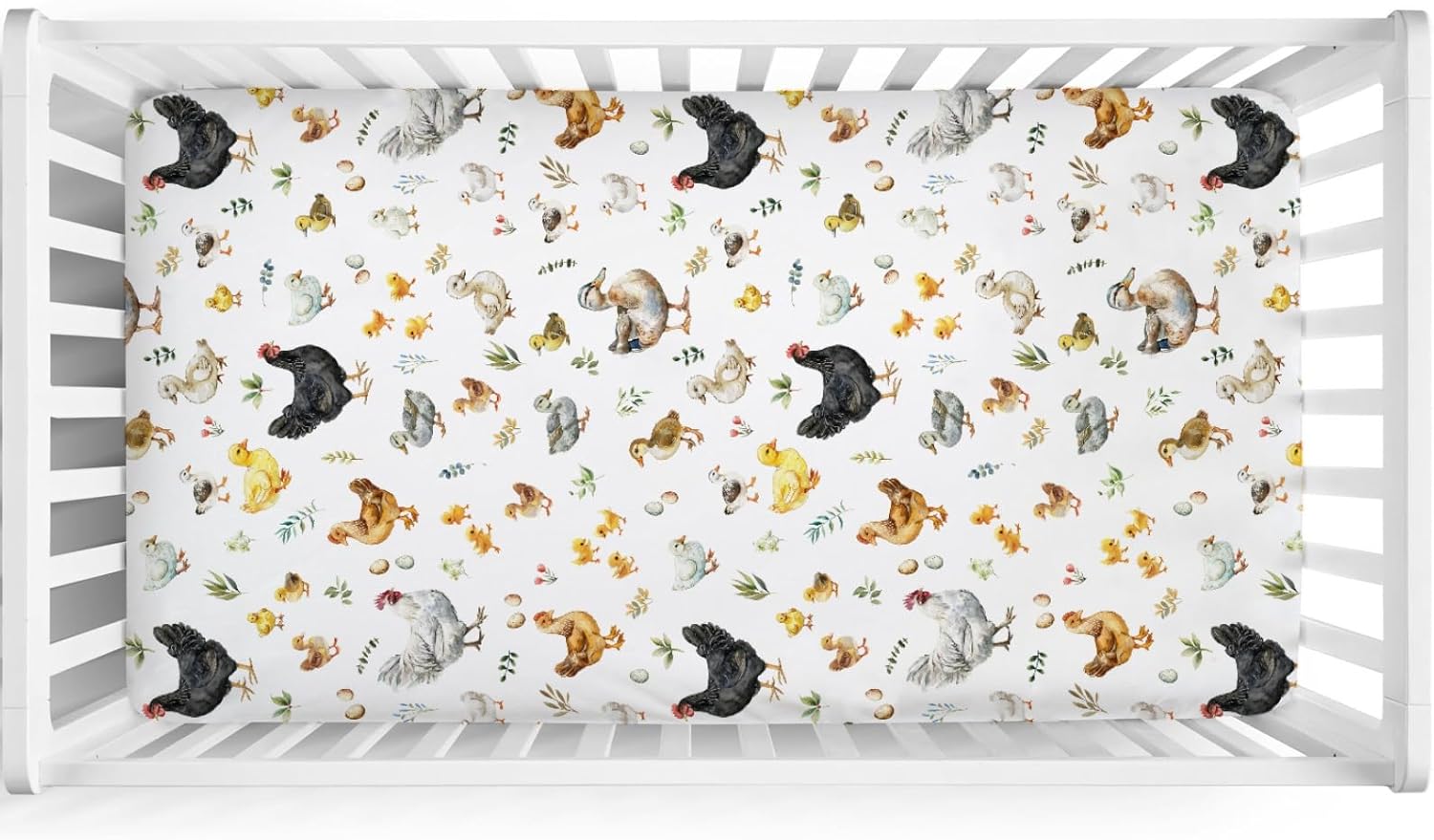 Spring Farm Animals Boho Leaves Baby Crib Mattress Sheet 52''x28'' Chick Rooster Hen Duck Eggs Snug Fitted Crib Mattress Cover for Boy Girl Soft Baby Sheets for Standard Crib Toddler Mattress Cover
