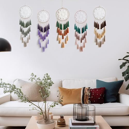 Miniatura 4 de Artilady Atrapa-sueños de macramé para habitación, con borlas, para colgar en la pared, hecho a mano, decoración del hogar, con adorno de plumas,