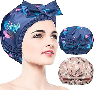 2 PCS Waterproof Shower Caps, Oversized Adjustable Hair Cap with Bow Knot for Women, Reusable Double Layer Waterproof Bathing Cap for Shower, Spa, Makeup, Design for All Hair Lengths/Style